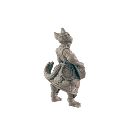 A cat-like humanoid figure stands, clad in detailed, ornate clothing with a thick tail visible; the monochrome statue is set against a black background.