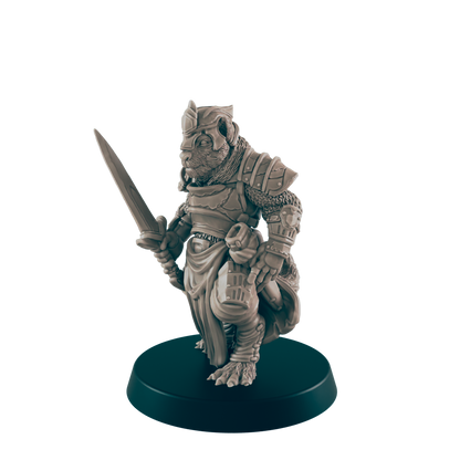 A humanoid lizard miniature stands on a round base, holding a sword. The figure wears armor and has a determined expression, set against a dark background.