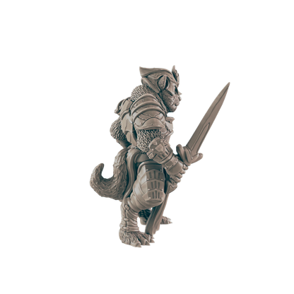 An anthropomorphic cat-like figure in armor stands at attention, holding a sword. The figure is set against a dark blue background.