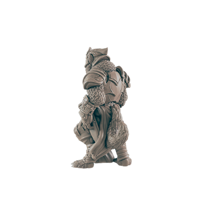 A miniature warrior with fur armor stands, facing left, in the black background.