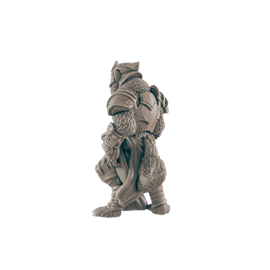 A miniature warrior with fur armor stands, facing left, in the black background.