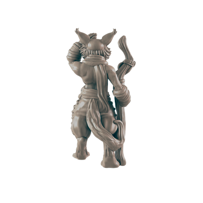 A humanoid fox-like figure stands with back turned, holding a twisted wooden staff. It's against a dark background, detailed and sculptural.
