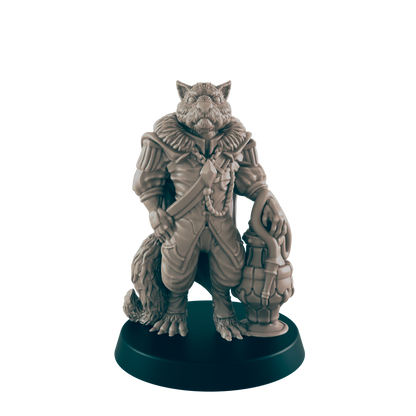 A furry, humanoid wolf stands on a black base, wearing detailed period clothing. It is holding an ornate lantern. The background is solid black.