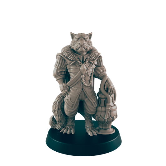 A furry, humanoid wolf stands on a black base, wearing detailed period clothing. It is holding an ornate lantern. The background is solid black.