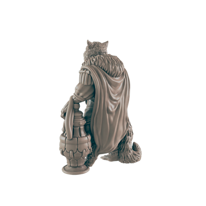 A grey wolf-human hybrid figure stands, wearing a cape and period clothing, and is holding a lamp. The wolf man is shown from the back.