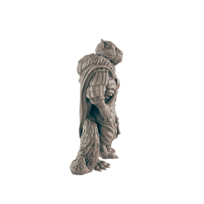 A miniature figurine of a furry, anthropomorphic creature stands against a dark background.  It is dressed in medieval-style clothing and a long cape. The figure is posed in profile view.