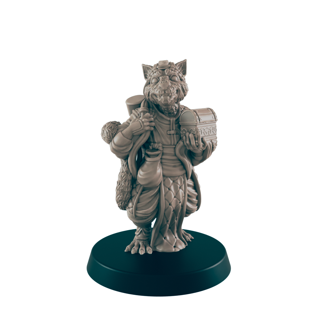 A humanoid rat figure stands on a round base, holding a chest in one hand and a drinking horn over one shoulder, against a black background.