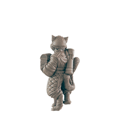 A grey-scaled anthro-wolf figure stands, carrying a treasure chest, a roll on their back, and fur trim on their winter coat, against a black background.