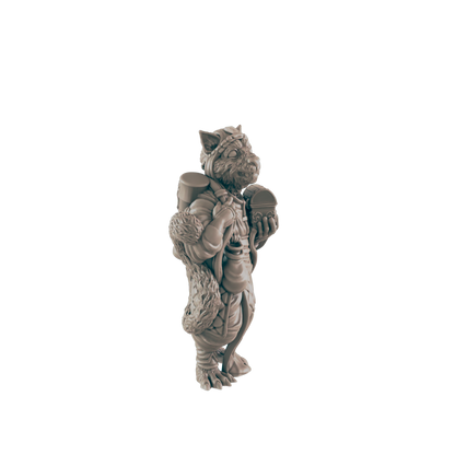 A miniature figurine of a wolf-like creature carries a backpack and chest, standing against a dark background.