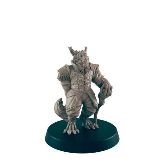 A gray, anthropomorphic wolf figurine, dressed in ornamental clothes, leans on a walking stick on a black base, set against a solid black background.