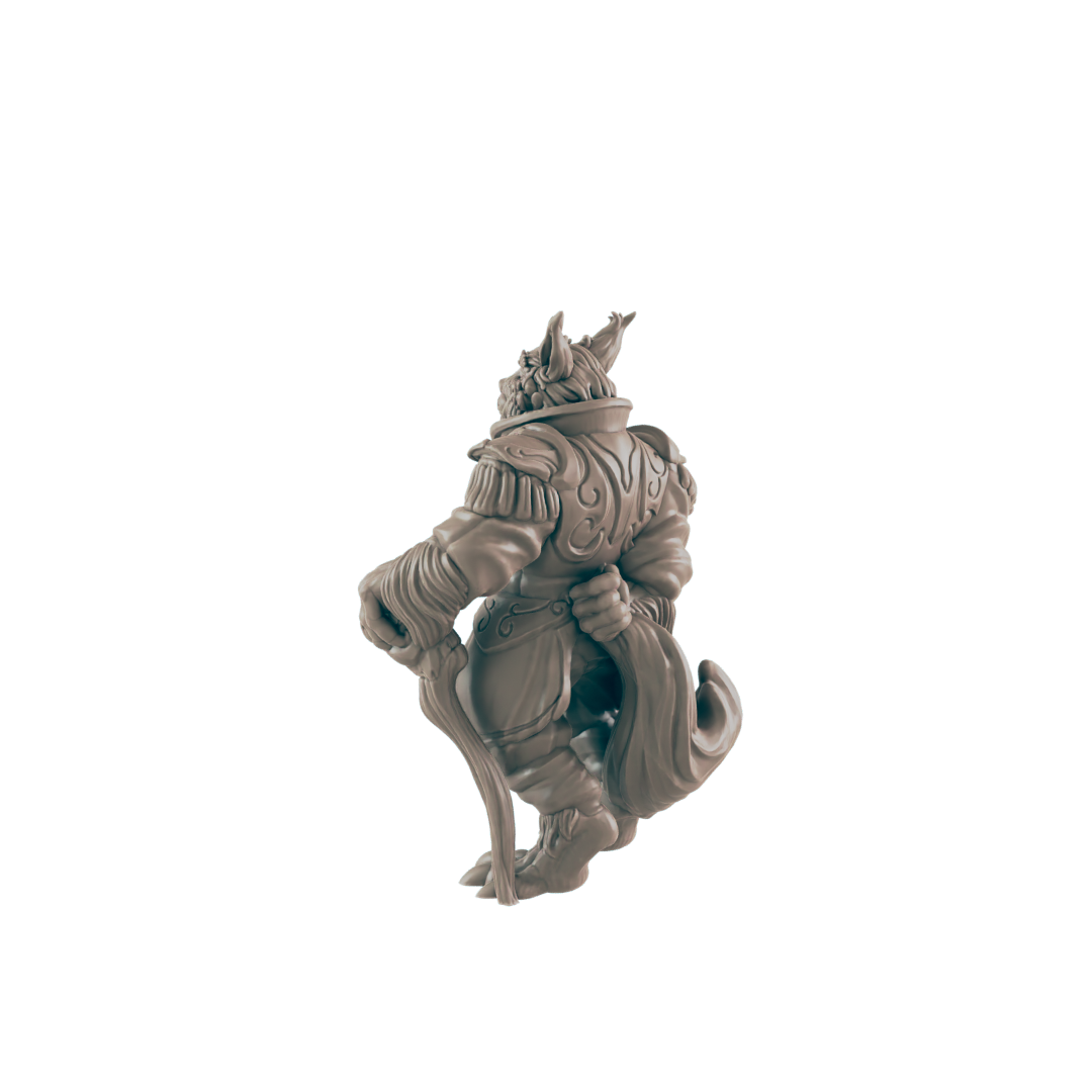 A gray, anthropomorphic wolf miniature stands holding a cane. The figure wears a coat with ornate details. The background is black.
