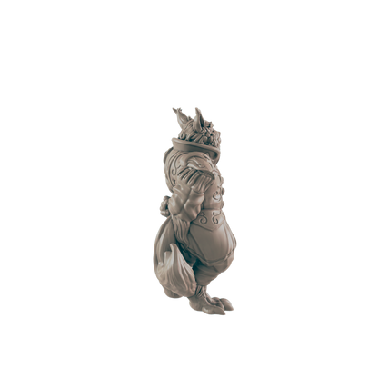 A sculpted, grey figurine of a creature, possibly a fox or rabbit in ornate clothing, stands on a dark background.