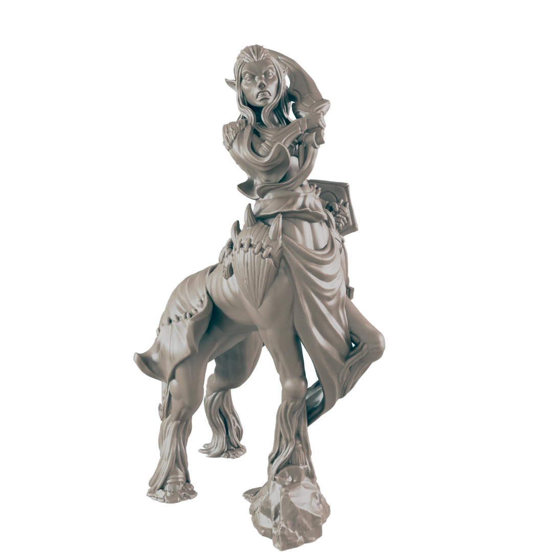 A centaur with long hair and pointed ears stands, her expression fierce. She wears a garment and has what appears to be a book strapped to her back. The background is black.