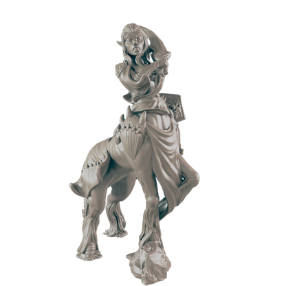 A centaur with long hair and pointed ears stands, her expression fierce. She wears a garment and has what appears to be a book strapped to her back. The background is black.
