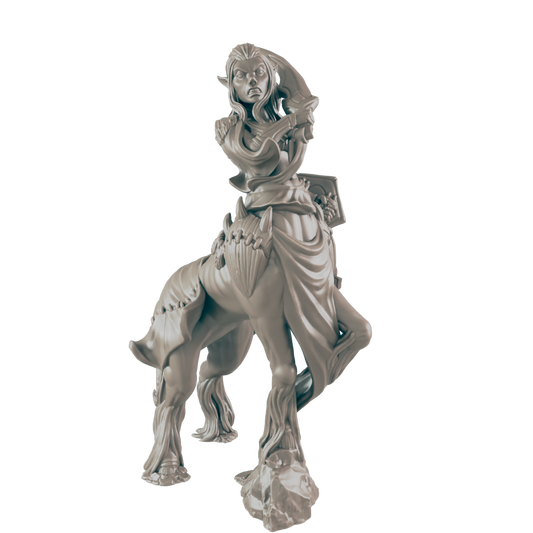 A centaur with long hair and pointed ears stands, her expression fierce. She wears a garment and has what appears to be a book strapped to her back. The background is black.
