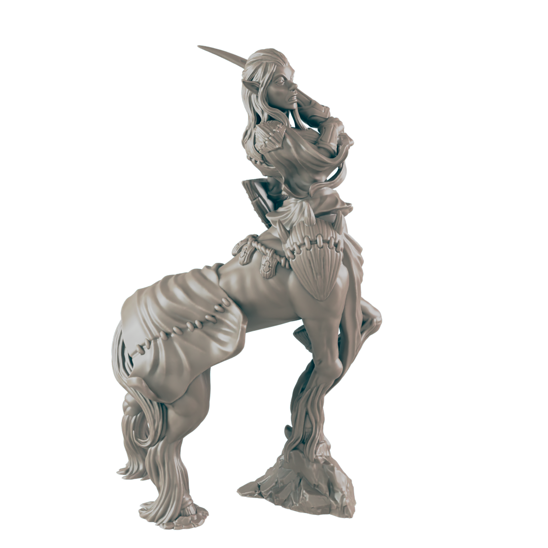 A unicorn-centaur-elf figure stands in profile. The figure has the body of a horse from the middle down, and from the middle up it is a female elf with a unicorn horn.