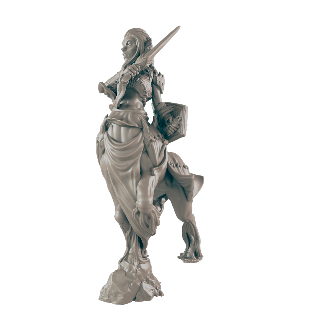A female centaur miniature wields a sword and shield, standing on a rocky base against a dark background.