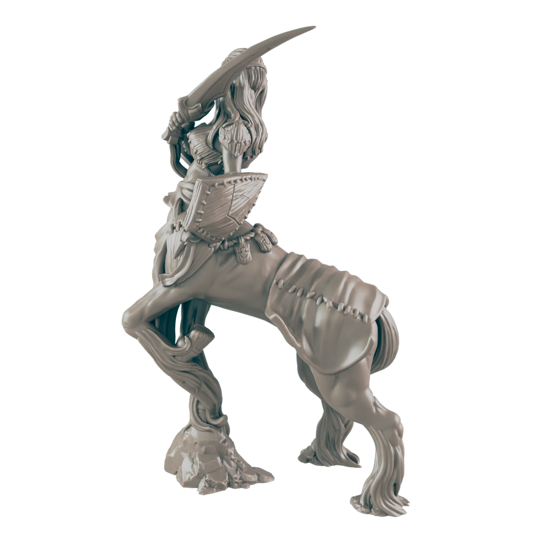 A female centaur figurine stands, wielding a sword and shield;  it is posed dynamically on a rocky base.