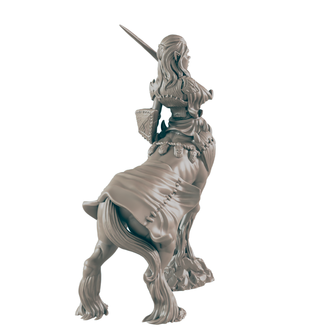 A female centaur miniature, wielding a sword, stands on a rocky base.