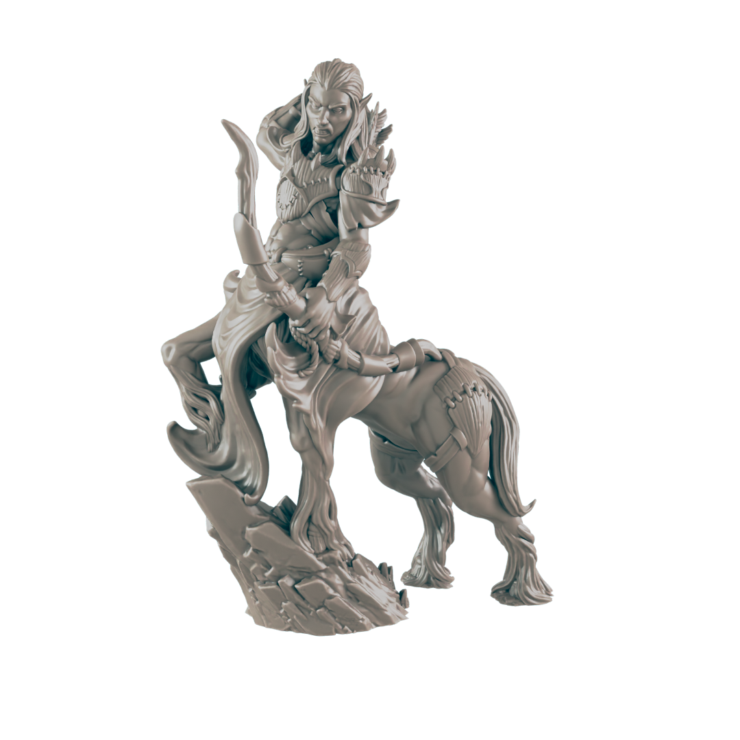 A gray centaur figure with a bow stands on rocky terrain. The centaur has armor and a determined expression.