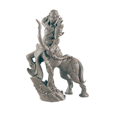 A gray centaur figure with a bow stands on rocky terrain. The centaur has armor and a determined expression.