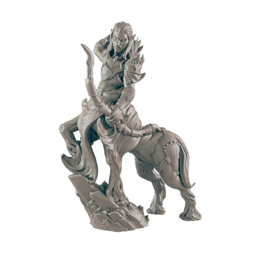 A gray centaur figure with a bow stands on rocky terrain. The centaur has armor and a determined expression.