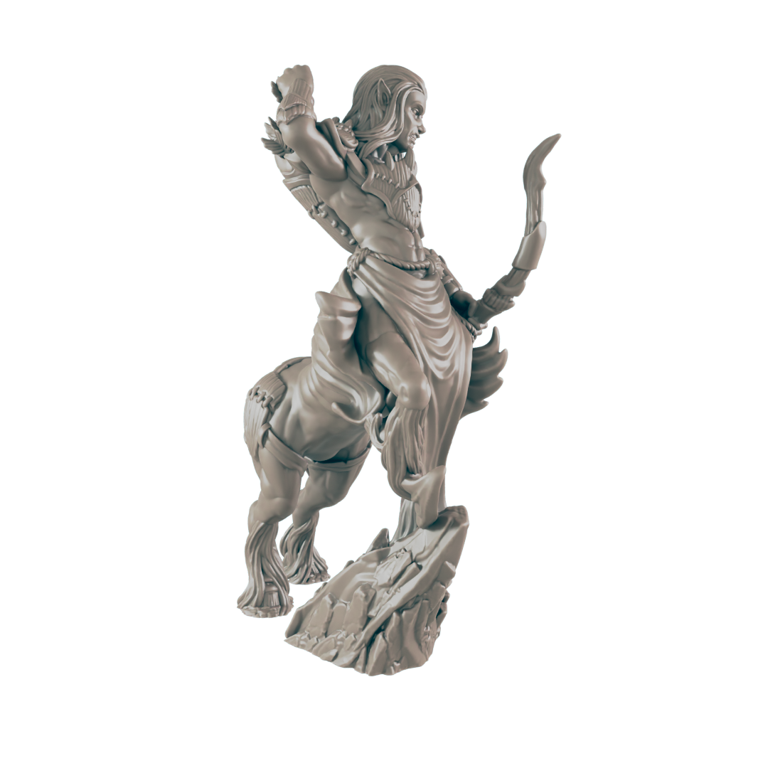 A centaur stands on a rocky base, drawing back an ornate bow. The figure is grey and detailed, and against a black background.