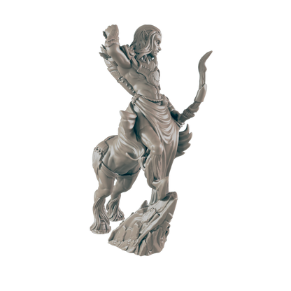 A centaur stands on a rocky base, drawing back an ornate bow. The figure is grey and detailed, and against a black background.