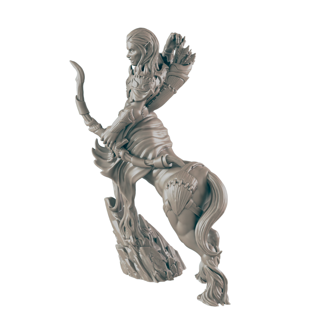 A female centaur figurine, holding a bow and arrow, stands on a rocky base against a dark background.