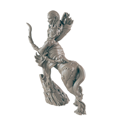 A female centaur figurine, holding a bow and arrow, stands on a rocky base against a dark background.