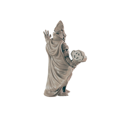 A robed figure in a headdress stands on an unseen surface, their left hand raised, and their right hand clutching a rock-like object with geometric carvings.