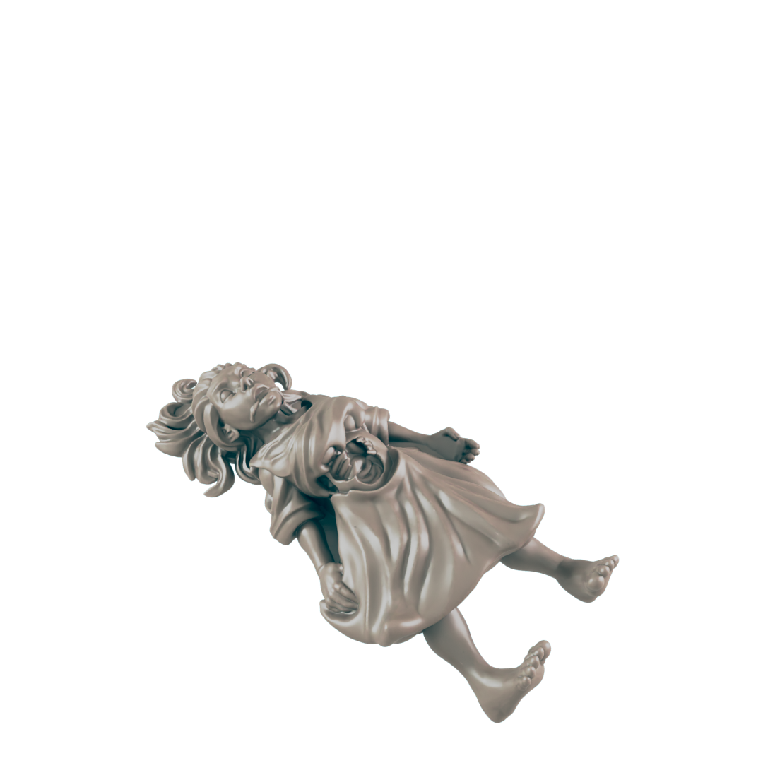 A gray, stone-like figurine of a young girl in a dress floats diagonally against a black backdrop. She is lying on her back, eyes open, expression somewhat pained.