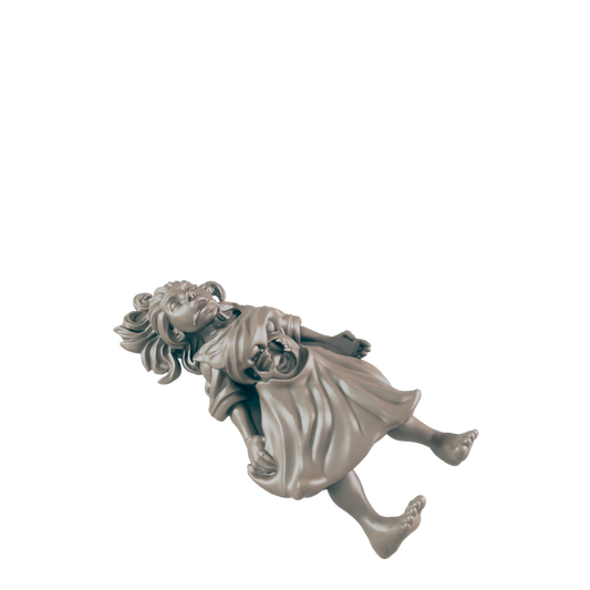 A gray, stone-like figurine of a young girl in a dress floats diagonally against a black backdrop. She is lying on her back, eyes open, expression somewhat pained.