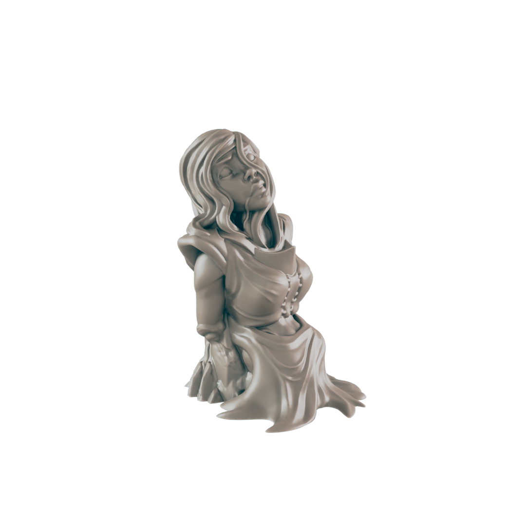 A monochromatic figurine of a kneeling, blindfolded woman with shoulder armor and flowing fabric looks upwards against a stark, black backdrop.