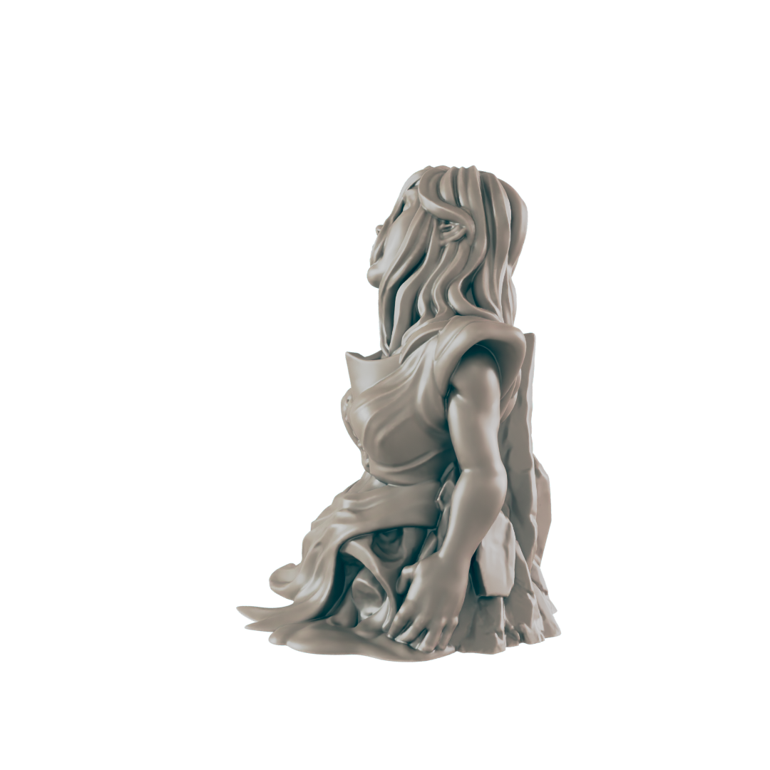 A woman bust statue with long flowing hair is looking up. She wears a draped garment in a dark, stark environment.