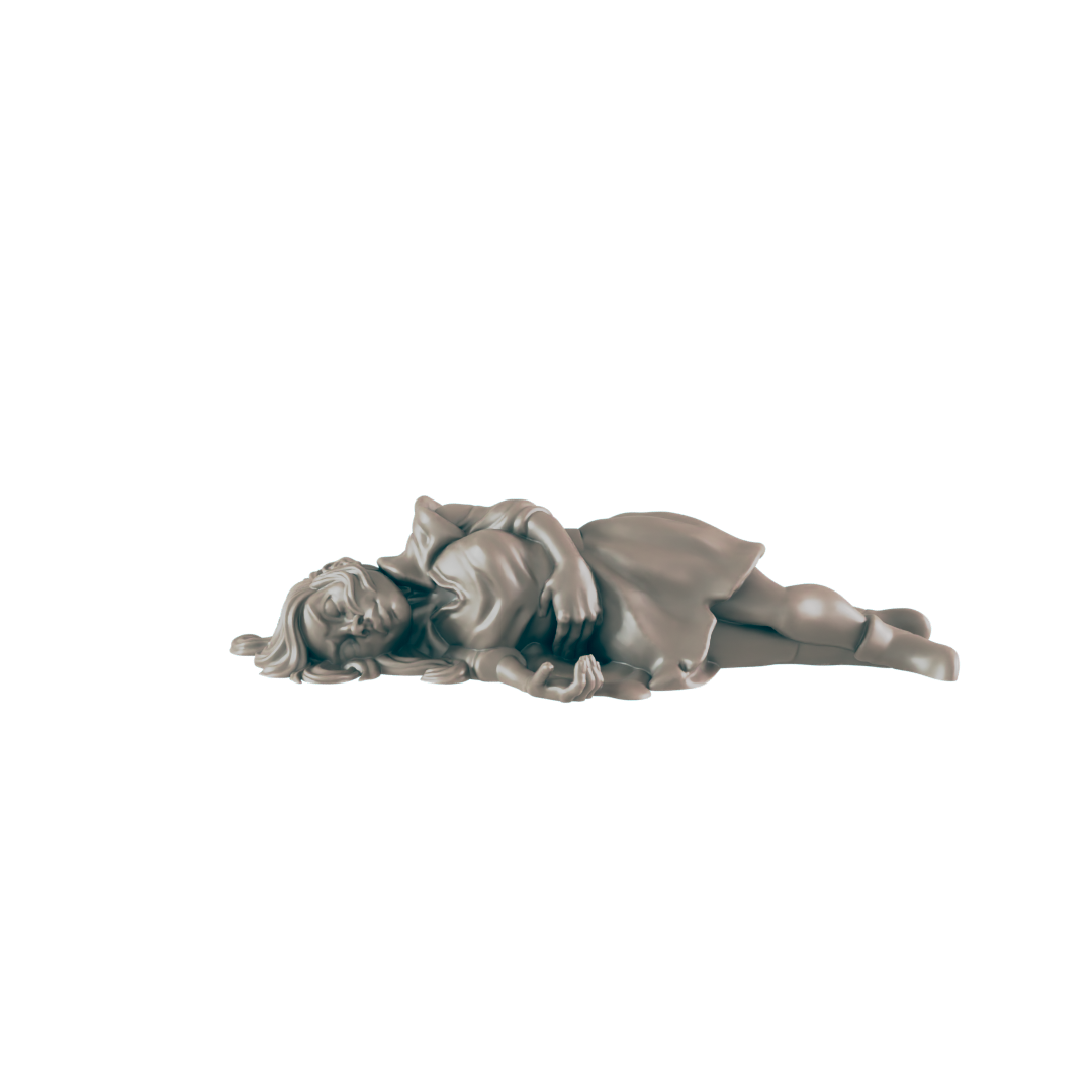 A statue of a young woman in a dress is lying down, seemingly asleep, in a plain black background.