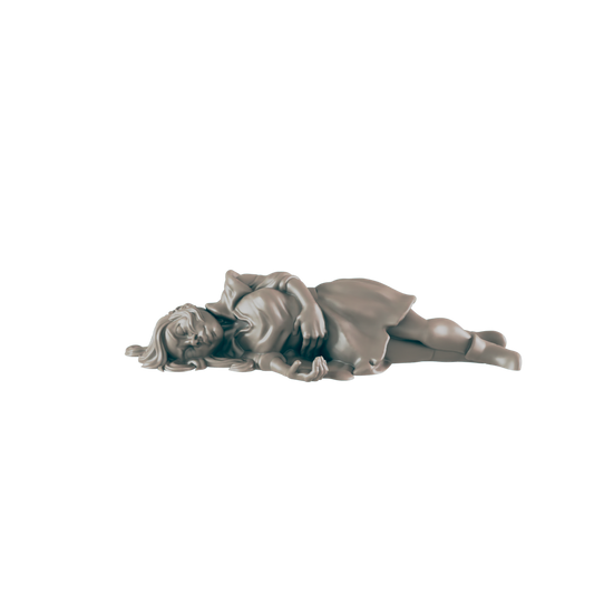 A statue of a young woman in a dress is lying down, seemingly asleep, in a plain black background.