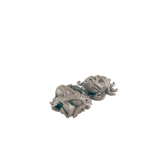 A gray, clay-like statue depicts a female figure lying down with her eyes closed, with ornate details in her hair and draped fabric covering her chest, set against a black background.