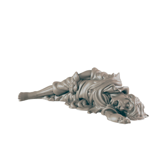 A figure in a simple gown lies prone, apparently dead. The figure has an open mouth and is surrounded by snakelike forms. The background is solid black.