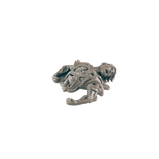 A light greyish-brown figurine lies prone. It is humanoid but covered in thick strands resembling dried vines, on a black background.