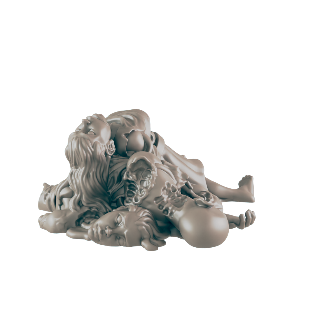 A gray-colored sculpture of a pile of bodies lies horizontally, tangled. There are at least three human faces clearly visible, and body parts. The background is plain black.