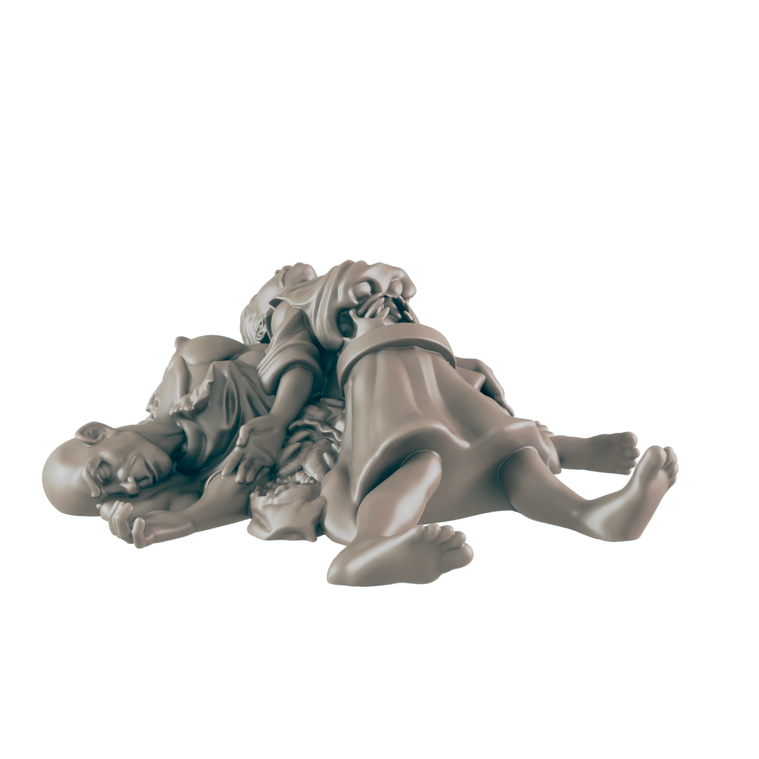 Two statues rest in a pile. One statue lies on its back, and the other rests on top, with its head pressed against the other. They appear to be in a black space.