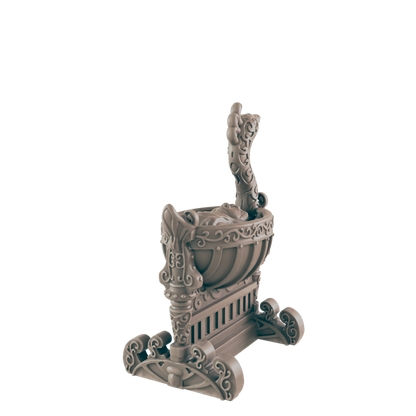 An ornate crib sits on a dark background, and holds an infant. An ornate arm extends from the head of the crib.
