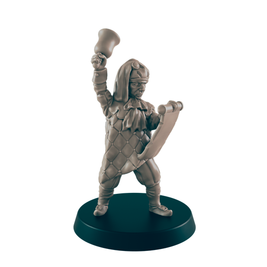 A miniature jester figure raises a bell while holding a scroll; it stands on a circular base against a dark background.