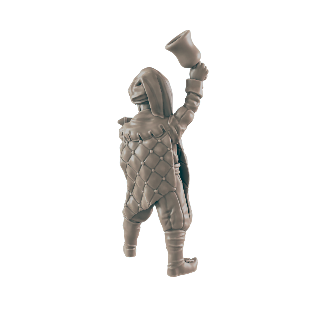 A miniature figurine, appearing to be a hooded figure in quilted clothing, raises a bell overhead against a black background.