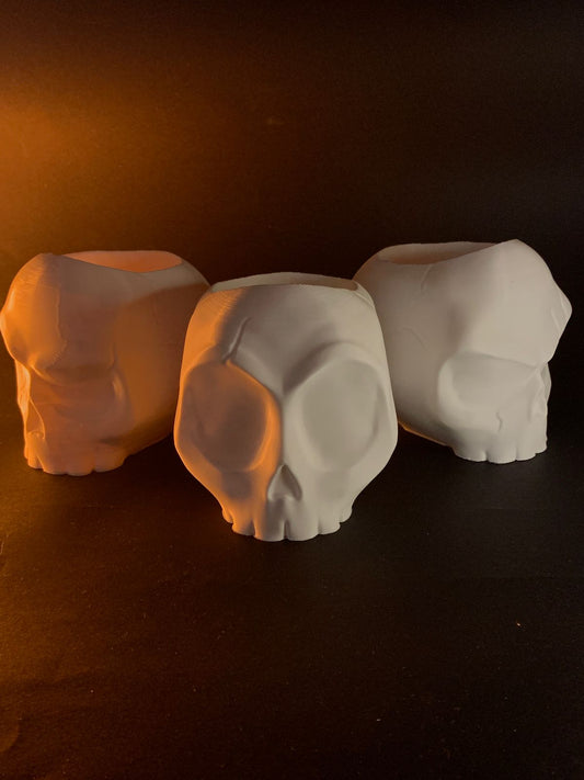 Three white skull-shaped planters sit on a dark surface.  They are arranged in a slightly staggered row, illuminated by warm light from behind.