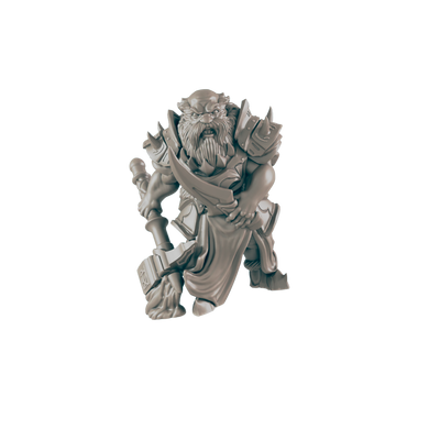 A dwarven figurine stands, wielding a warhammer and a curved blade.  It is armored and robed, appearing fierce. The context is a dark, isolated background.
