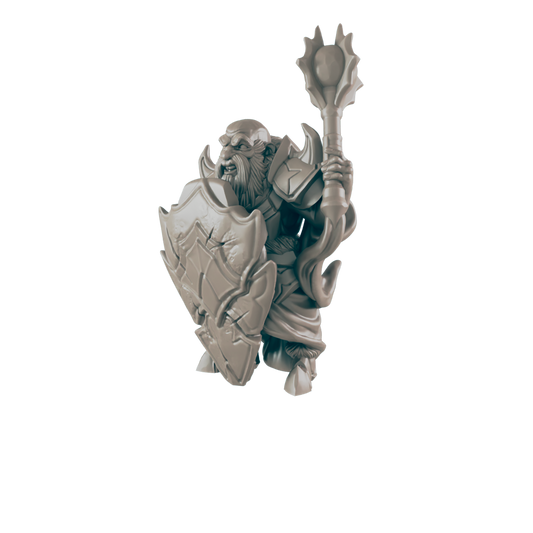 A gray dwarf figure stands, holding a shield and a scepter with spiked bulb. He has a beard and is wearing armor. The background is black.