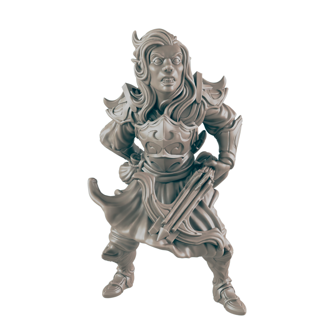 A monochrome figurine stands ready with two swords held close to its body, looking up with an angry expression. It wears armor and flowing robes against a solid background.