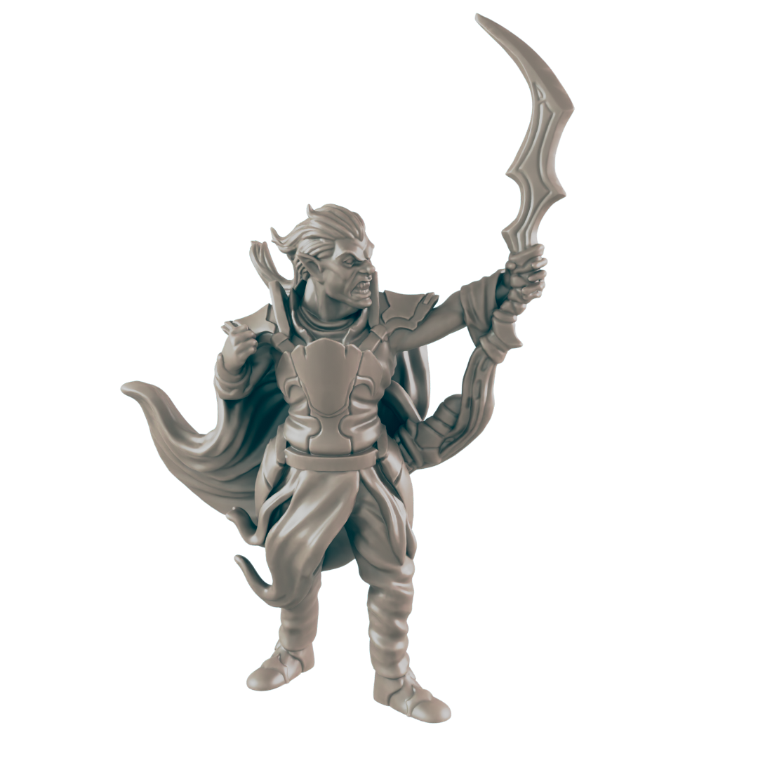 A grey figurine of an elf-like archer, nocking a curved, bladed arrow, stands on a plain background.